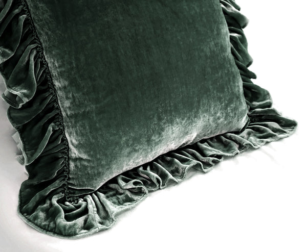 Isabella Tatter Velvet Ruffle Linen Toss Pillow - Aloe