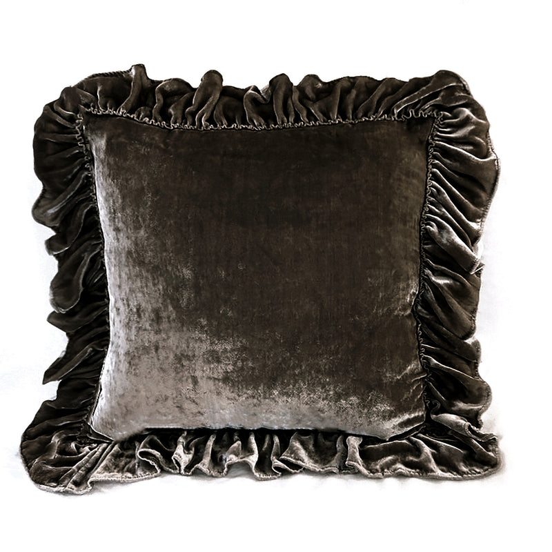 Isabella Tatter Velvet Ruffle Linen Toss Pillow - Cacao