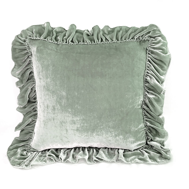 Isabella Tatter Velvet Ruffle Linen Toss Pillow - Sage