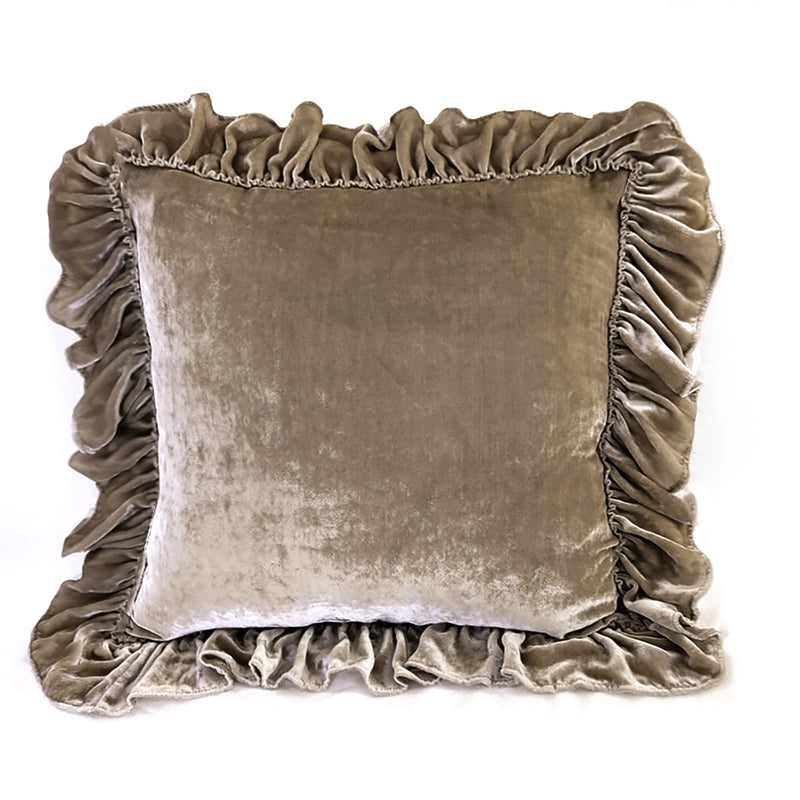 Isabella Tatter Velvet Ruffle Linen Toss Pillow - Natural