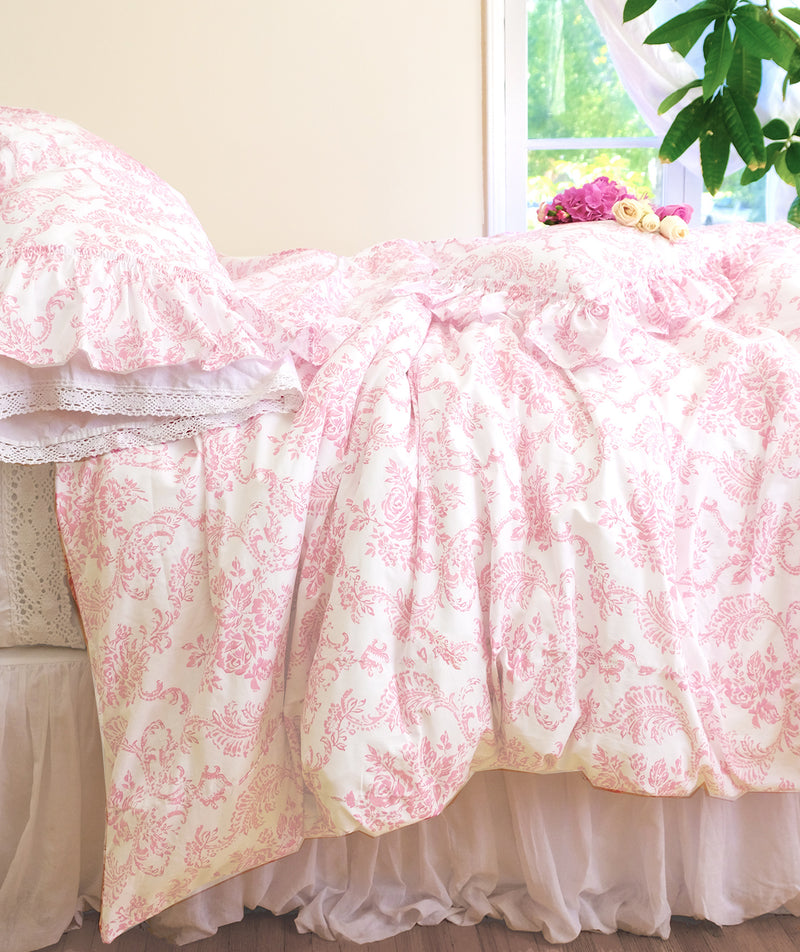 3 PC Set-Trellis Tatter Ruffle F/QN Duvet + 2 Tatter Euros - Soft Pink