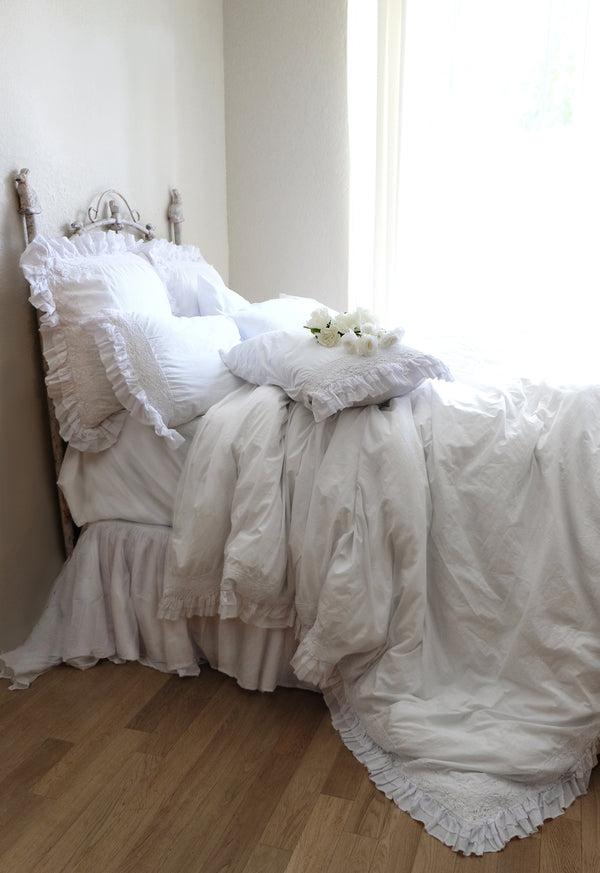 Ambrosia Crochet Ruffle Duvet Collection - White - Linen Salvage Et Cie