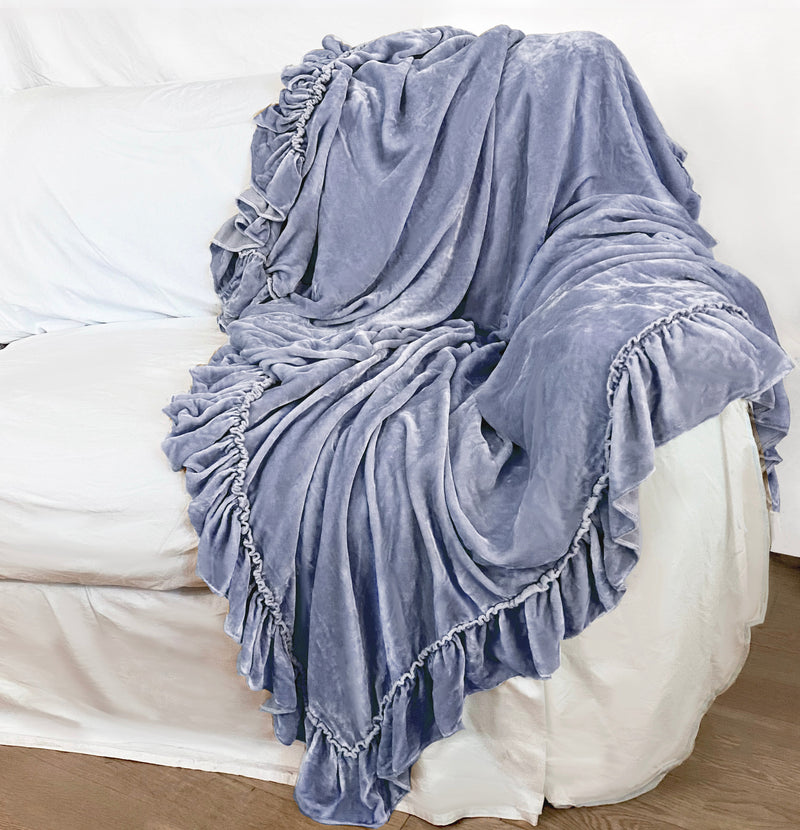 Silk Tatter Velvet Ruffle Throw - Chambray - Linen Salvage Et Cie