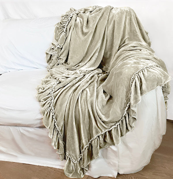 Isabella Silk Velvet Tatter Ruffle Throw - Champagne