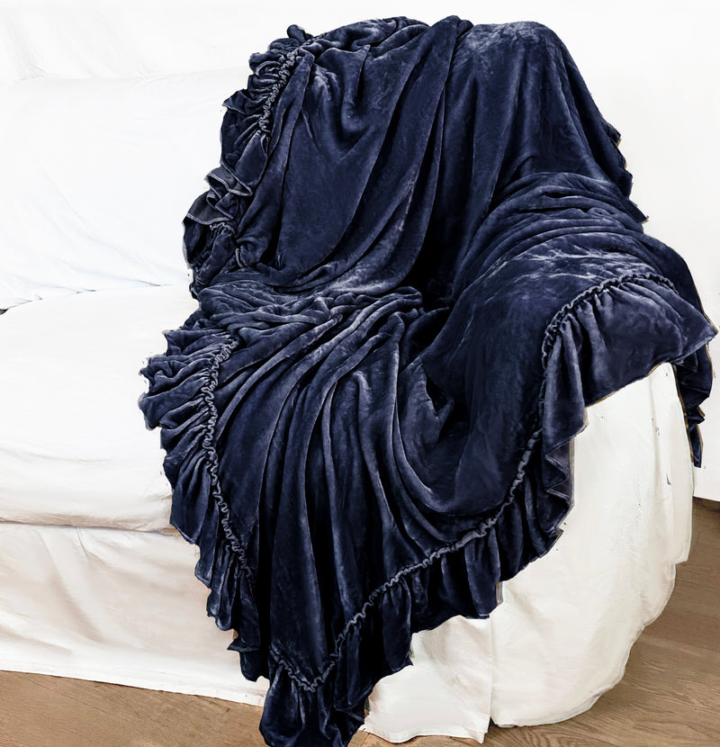 New! Silk Tatter Velvet Ruffle Throw - Indigo - Linen Salvage Et Cie