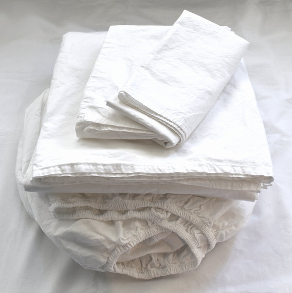 Softly Washed 100% Cotton Poplin Sheet Collection-WHITE - Linen Salvage Et Cie