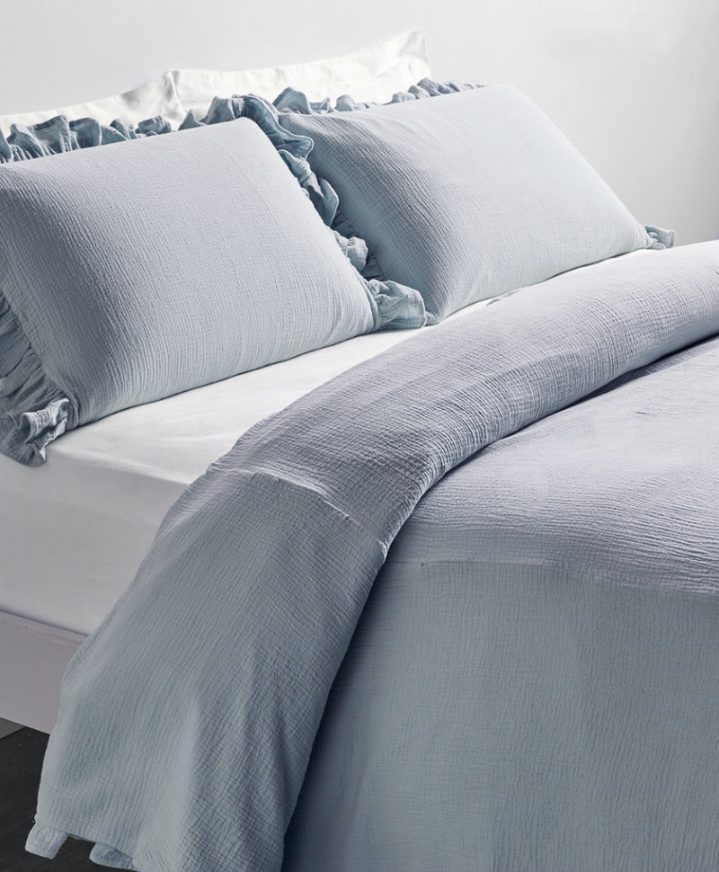 Soft Pucker Ruffle  Duvet Set-Soft Blue - Linen Salvage Et Cie