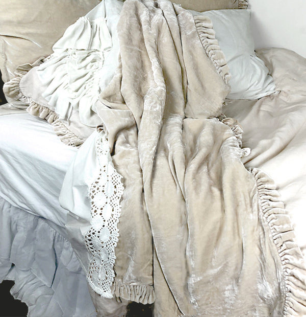 NEW! Silk Velvet Ruffle Throw - Champagne - Linen Salvage Et Cie