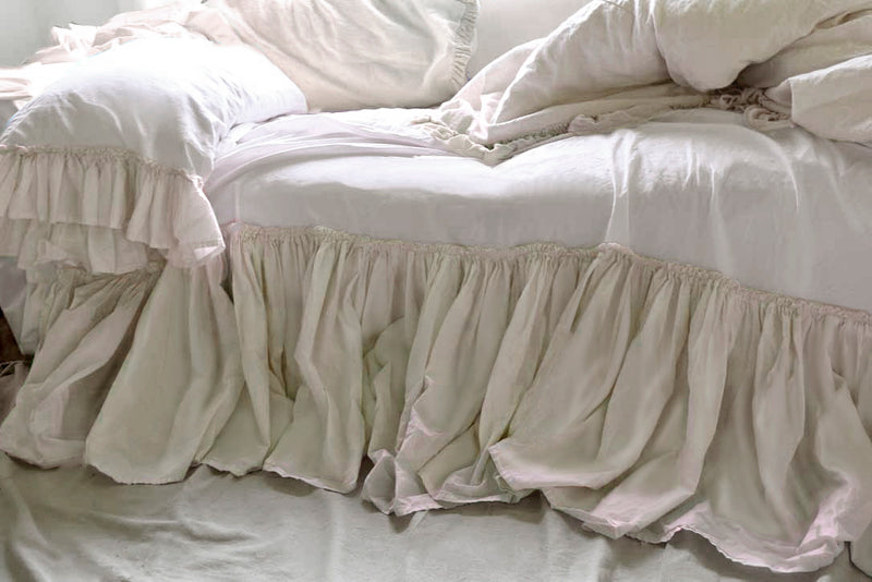 Clementine Tatter Ruffle Poplin Bedskirt-Creme or White - Linen Salvage Et Cie